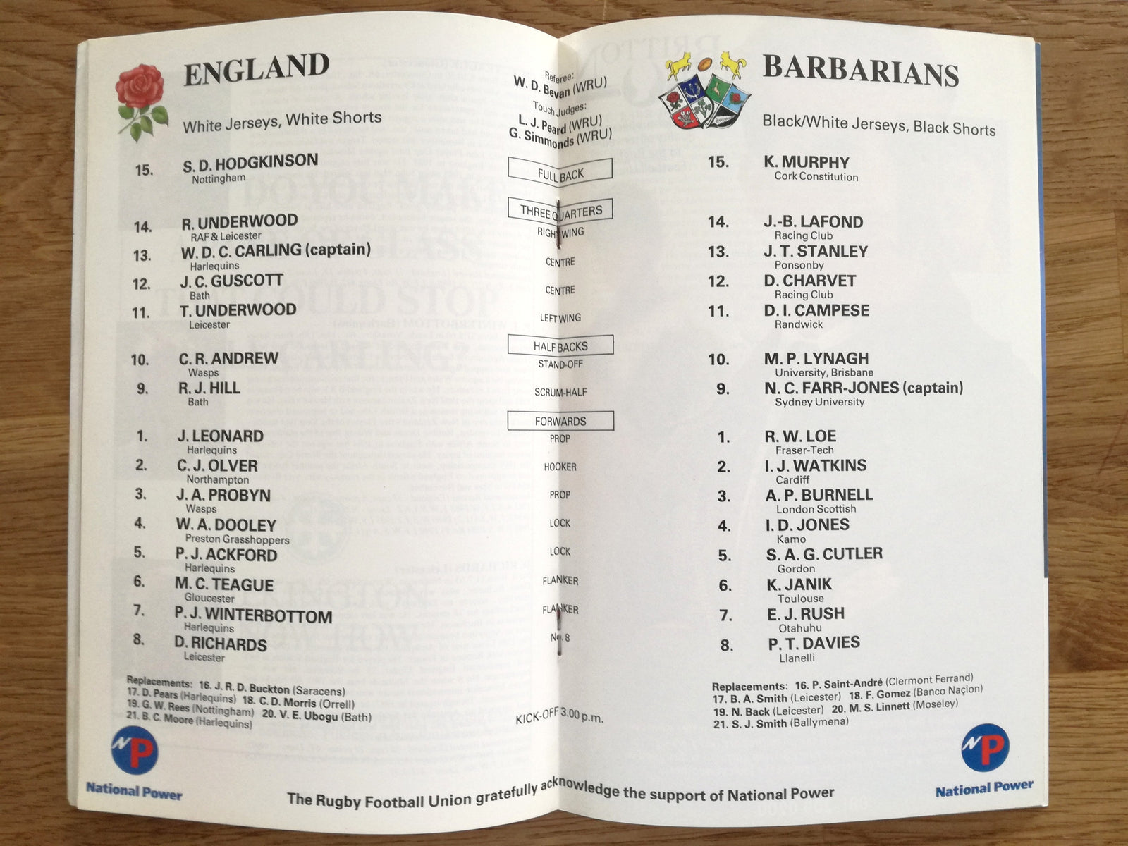 1990 Barbarians Match Worn (vs England) Centenary Rugby Shirt #17 (Smith) (L)